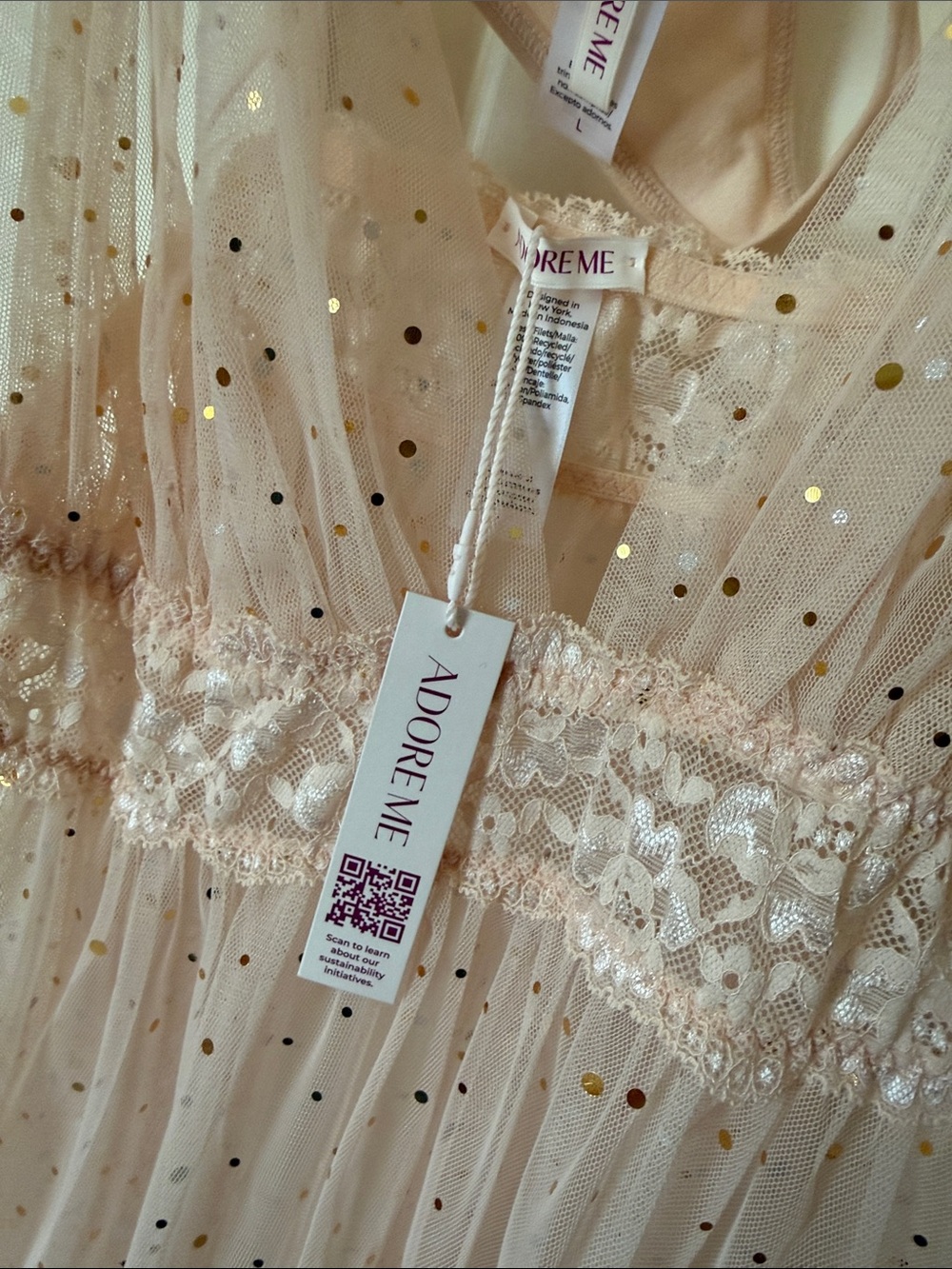NWT Adore Me Blush Pink Sequin Mesh Chemise with thong, size L - Picture 4 of 8
